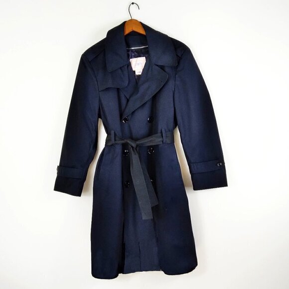 Y2K  Black Trench Coat Made In USA For Military Zip Out Lining Stylish Sz 38XS - Picture 1 of 15